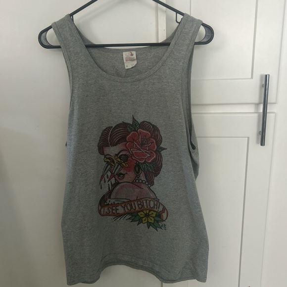 Fruit of the Loom Gray Tank Top with Floral Graphic - Picture 1 of 3